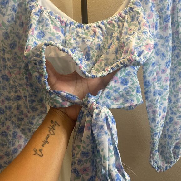 Japna White Blue Floral Pattern Long Puff Sleeve Back Tie Crop Top Blouse S - Picture 10 of 11